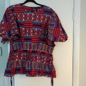 Ayani Peplum Top with Butterfly Sleeve and Tie (Pink/Blue Kente)